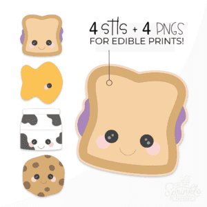 Clipart of a brown and purple peanut butter and jelly sandwich, an orange gold fish cracker, a black and white spotted milk carton and a brown chocolate chip cookie.