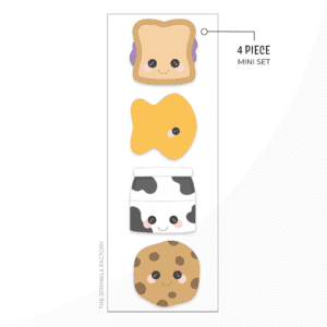 Clipart of a brown and purple peanut butter and jelly sandwich, an orange gold fish cracker, a black and white spotted milk carton and a brown chocolate chip cookie.