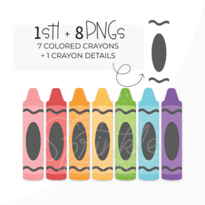 Clipart image of 7 crayons in each color of the rainbow lined up in a row with text above.