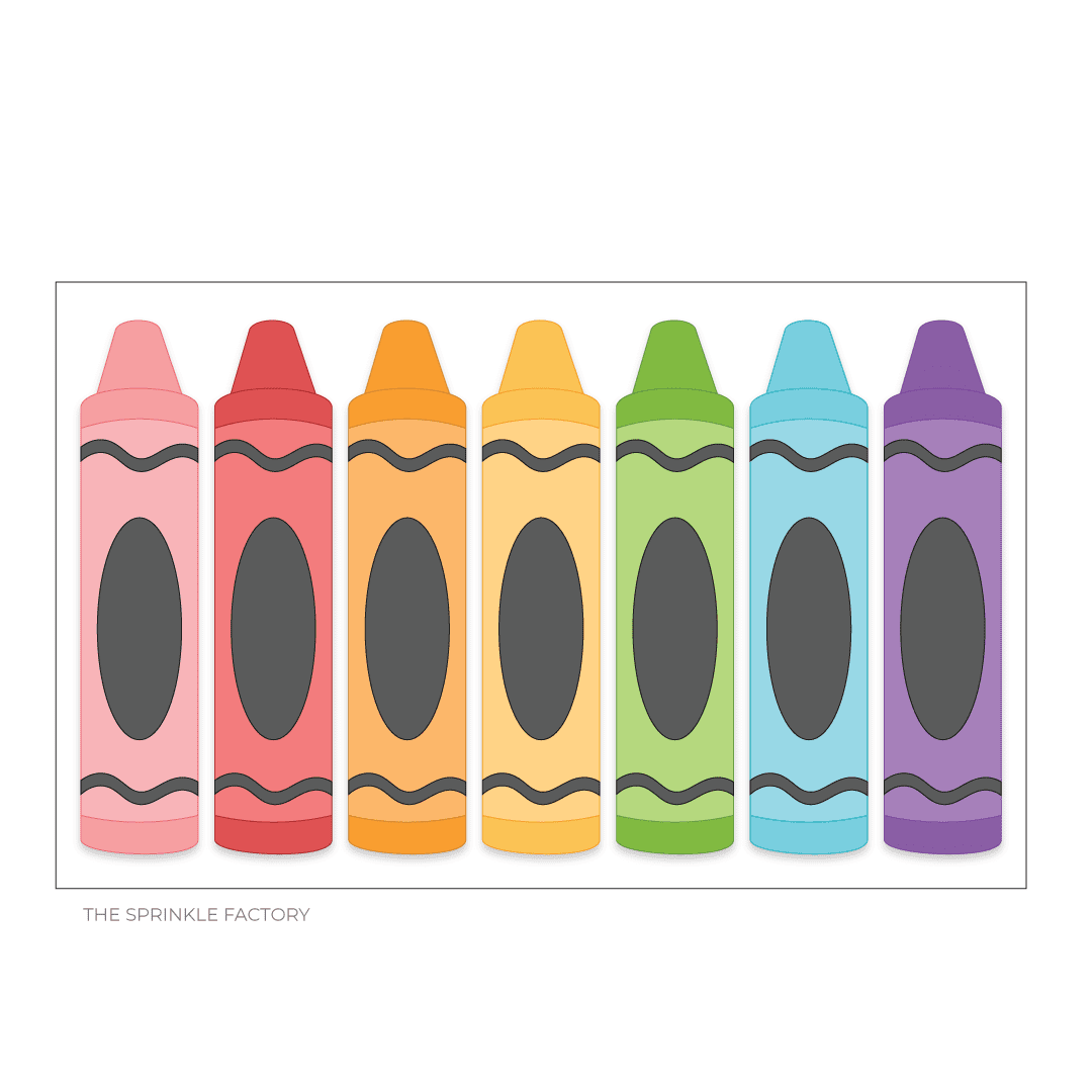 Clipart image of 7 skinny crayons in each color of the rainbow lined up in a row.