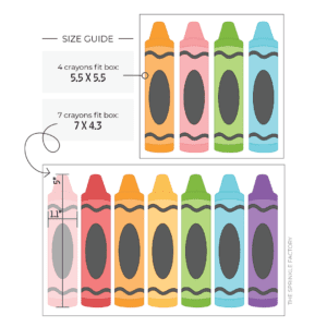 Clipart image of two rows of skinny crayons in each color of the rainbow with text and sizing in the top left.