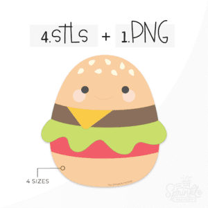Clipart of a squishmallow shaped like a burger with a brown top and bottom bun with white seeds, a dark brown stripe for the burger, a yellow triangle cheese, ruffled green lettuce and a red strip for tomato.