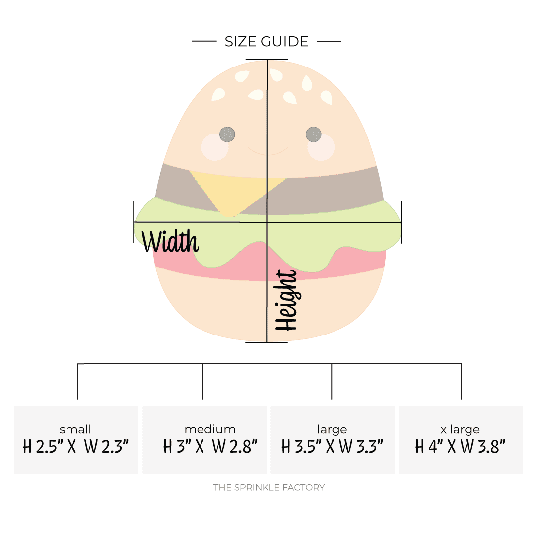 Clipart of a squishmallow shaped like a burger with a brown top and bottom bun with white seeds, a dark brown stripe for the burger, a yellow triangle cheese, ruffled green lettuce and a red strip for tomato with size guide.