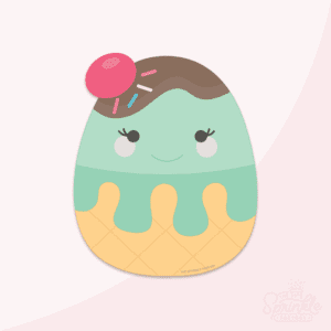 Clipart of a squishmallow shaped like an ice cream cone with brown fudge on top with a red cherry on top of green mint ice cream and a golden cone.
