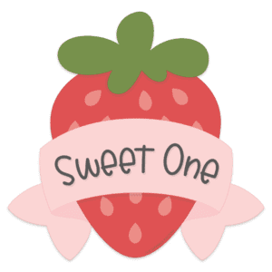 Image of a red strawberry with lighter red seeds, a green top and a pink banner across it that says sweet one in black lower case lettering.