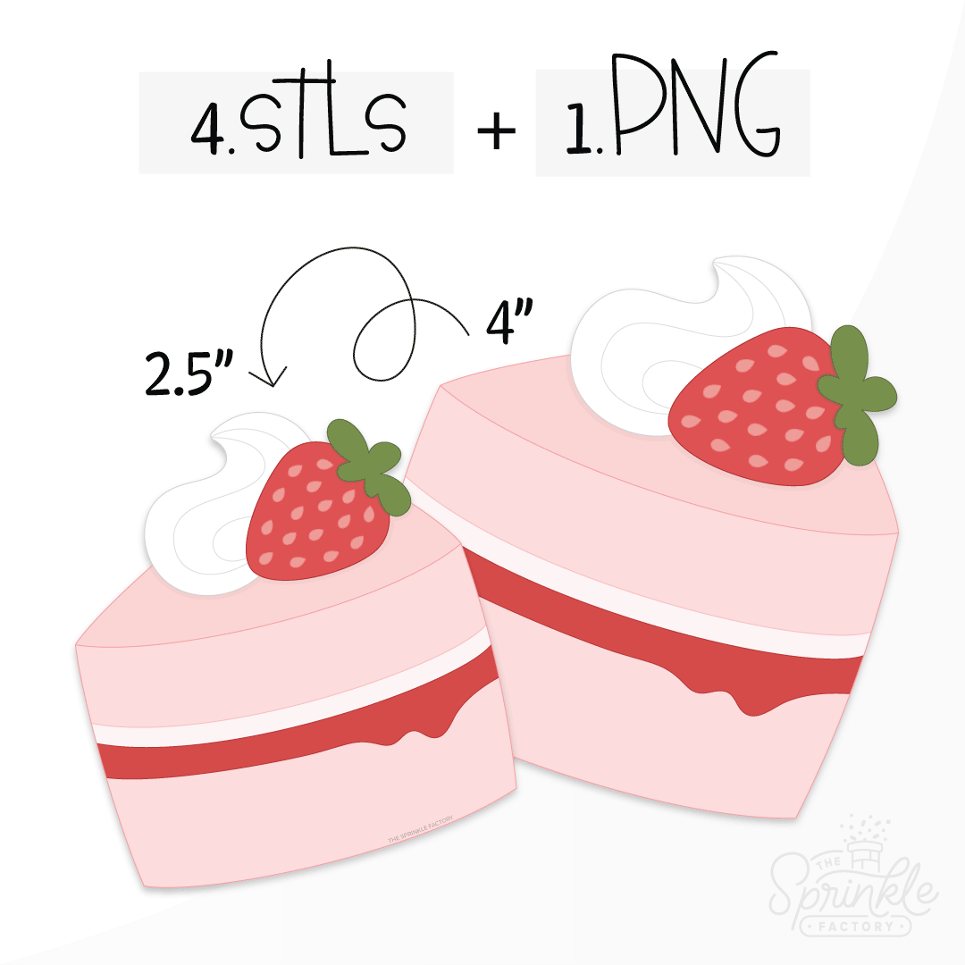 Clipart of a pink strawberry shortcake with red jelly dripping in the centre with a layer of white cream above it and a swirl of whipped cream on top with a red strawberry with pink seeds and a green leaf top.