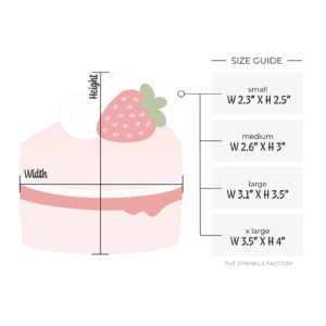 Clipart of a pink strawberry shortcake with red jelly dripping in the centre with a layer of white cream above it and a swirl of whipped cream on top with a red strawberry with pink seeds and a green leaf top with size guide to the right.