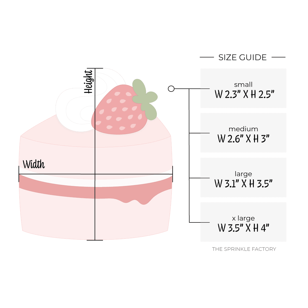 Clipart of a pink strawberry shortcake with red jelly dripping in the centre with a layer of white cream above it and a swirl of whipped cream on top with a red strawberry with pink seeds and a green leaf top with size guide to the right.