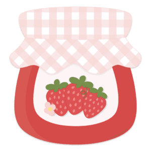 Clipart of a red jar of strawberry jam with a white label with 3 strawberries on it and a pink and white gingham print fabric overtop of the lid.