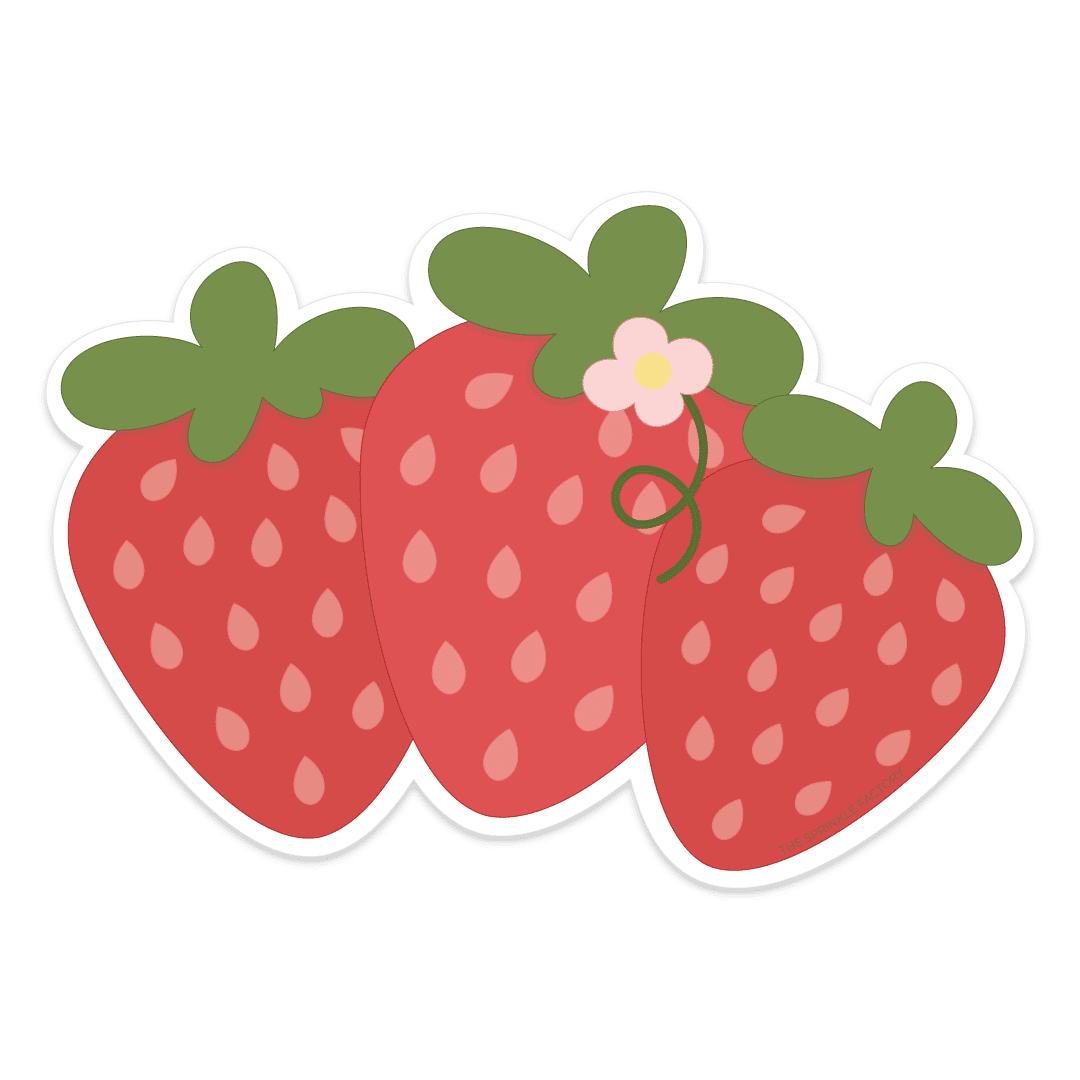 Clipart of 3 red strawberries with pink seeds and green leaves on top with a small green vine and a pink blossom on the middle one.