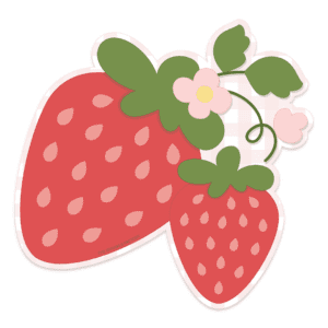 Clipart of 2 red strawberries with pink seeds and green leaves hanging from green vines with leaves and pink blossoms.