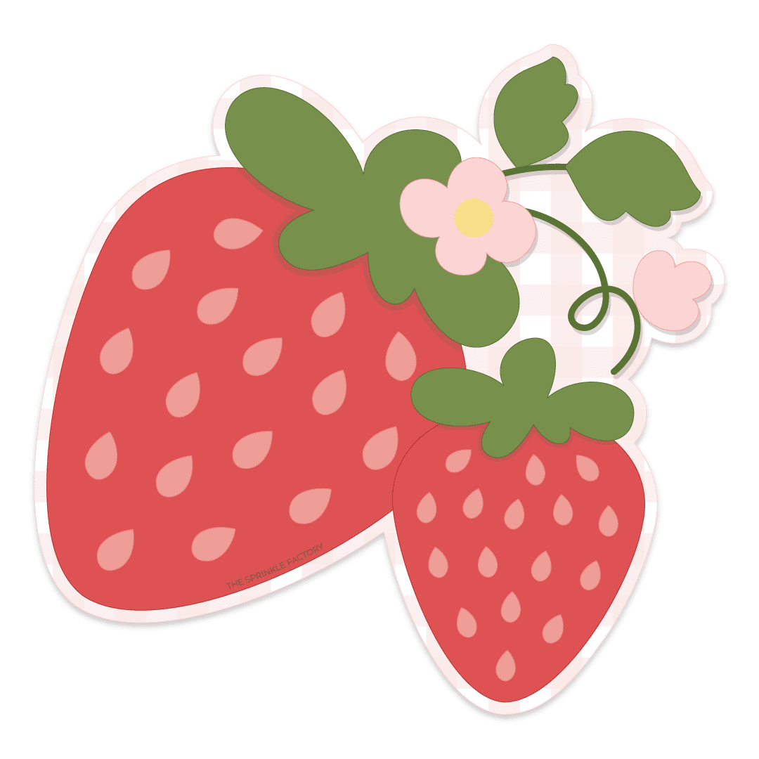 Clipart of 2 red strawberries with pink seeds and green leaves hanging from green vines with leaves and pink blossoms.