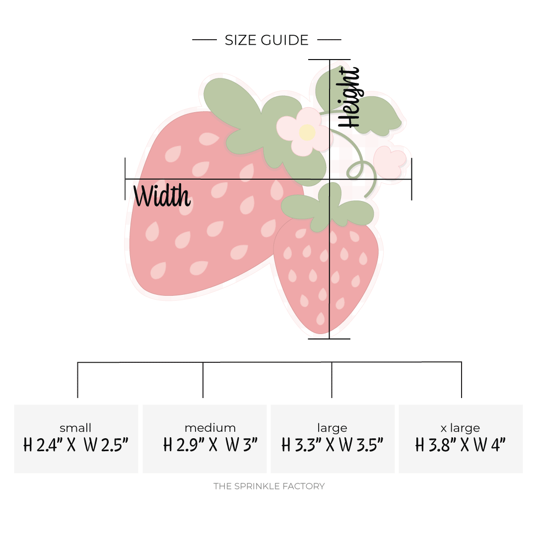 Clipart of 2 red strawberries with pink seeds and green leaves hanging from green vines with leaves and pink blossoms with size guide below.