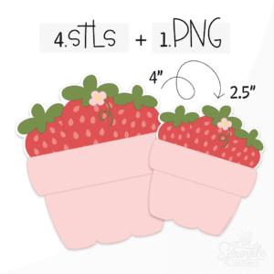 Clipart of a pink pint size strawberry container with 3 red strawberries with pink seeds and green tops sticking out.