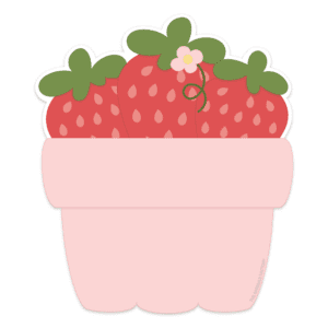 Clipart of a pink pint size strawberry container with 3 red strawberries with pink seeds and green tops sticking out.
