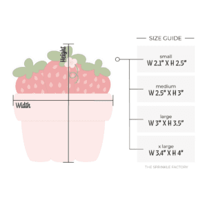 Clipart of a pink pint size strawberry container with 3 red strawberries with pink seeds and green tops sticking out with size guide to the right.