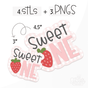 Clipart of the lettering SWEET in black lower case lettering on top of capital letters ONE in pink and the O is a red strawberry overtop of an offset pink and white stripe background.