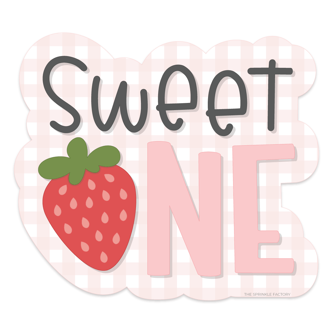 Clipart of the lettering SWEET in black lower case lettering on top of capital letters ONE in pink and the O is a red strawberry overtop of an offset pink and white stripe background.