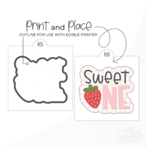 Clipart of the lettering SWEET in black lower case lettering on top of capital letters ONE in pink and the O is a red strawberry overtop of an offset pink and white stripe background with a print and place black outline next to it.