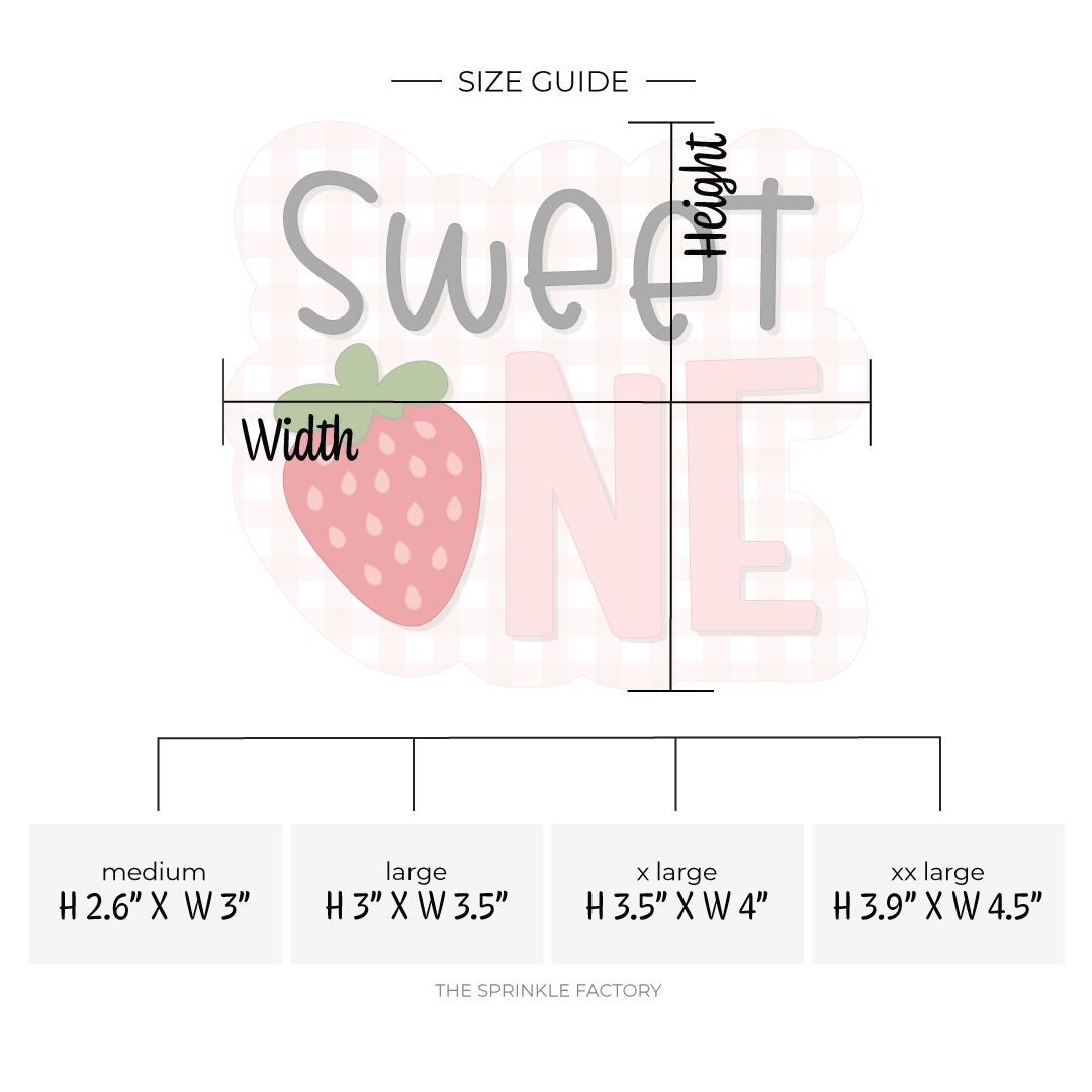 Clipart of the lettering SWEET in black lower case lettering on top of capital letters ONE in pink and the O is a red strawberry overtop of an offset pink and white stripe background and size guide below.