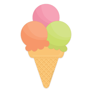 Clipart of a golden sugar cone with 3 scoops of orange, green and pink ice cream.