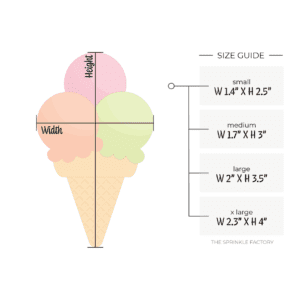 Clipart of a golden sugar cone with 3 scoops of orange, green and pink ice cream with size guide.