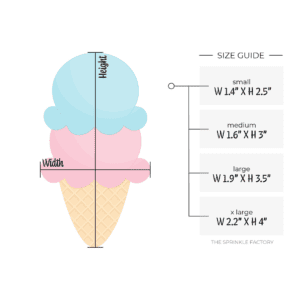 Clipart of a golden waffle ice cream cone with a double scoop of pink and blue ice cream on top with size guide.