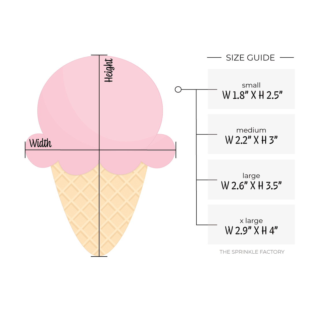 Clipart of a golden waffle ice cream cone with a single scoop of pink ice cream on top with size guide.