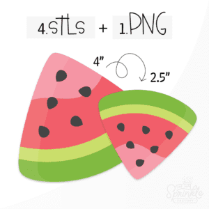 Clipart of a triangle shaped watermelon slice with dark and light green skin and a two ton pink inside with black seeds.