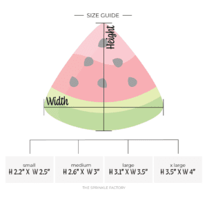 Clipart of a triangle shaped watermelon slice with dark and light green skin and a two ton pink inside with black seeds with size guide.