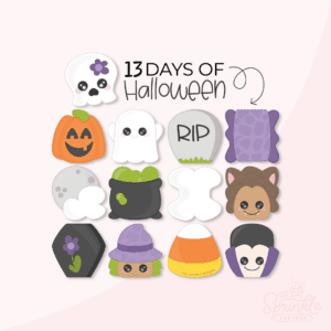 Clipart of a skull, pumpkin, ghost, grave stone, candy, moon, cauldron, bone, wolf, grave marker, witch, candy corn and vampire.