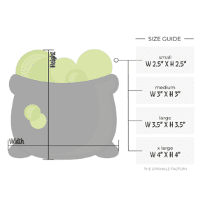 Clipart of a black cauldron with green bubbles at the top and falling down the side and size guide to the right.