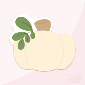 Clipart of a cream colored pumpkin with a brown stem and a green stem with leaves.