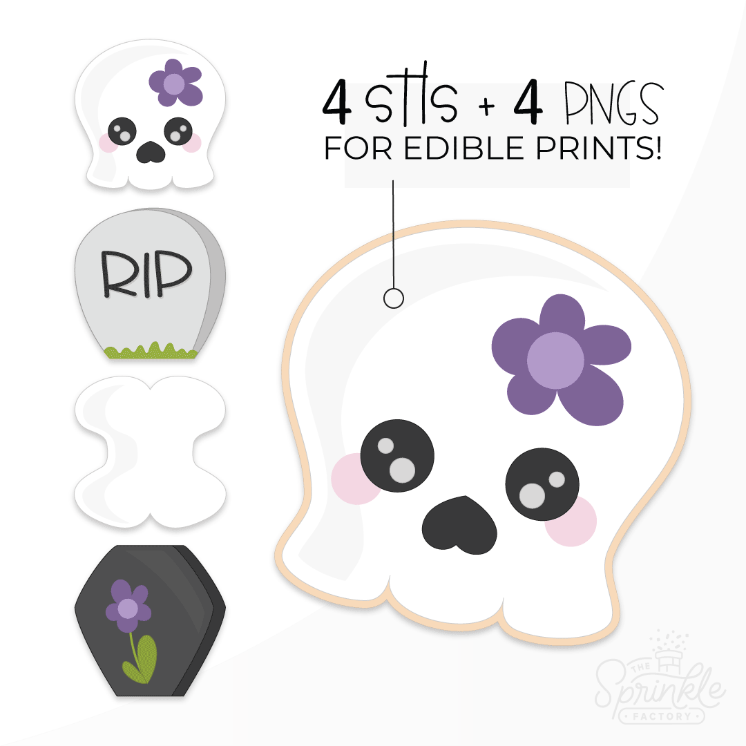Digital images of a white skull with purple flower, grey tombstone with RIP and green grass, white bone and black grave marker with purple flower.