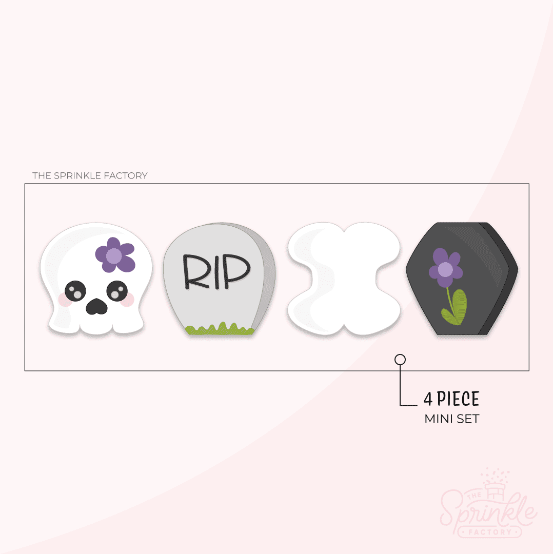 Digital images of a white skull with purple flower, grey tombstone with RIP and green grass, white bone and black grave marker with purple flower.
