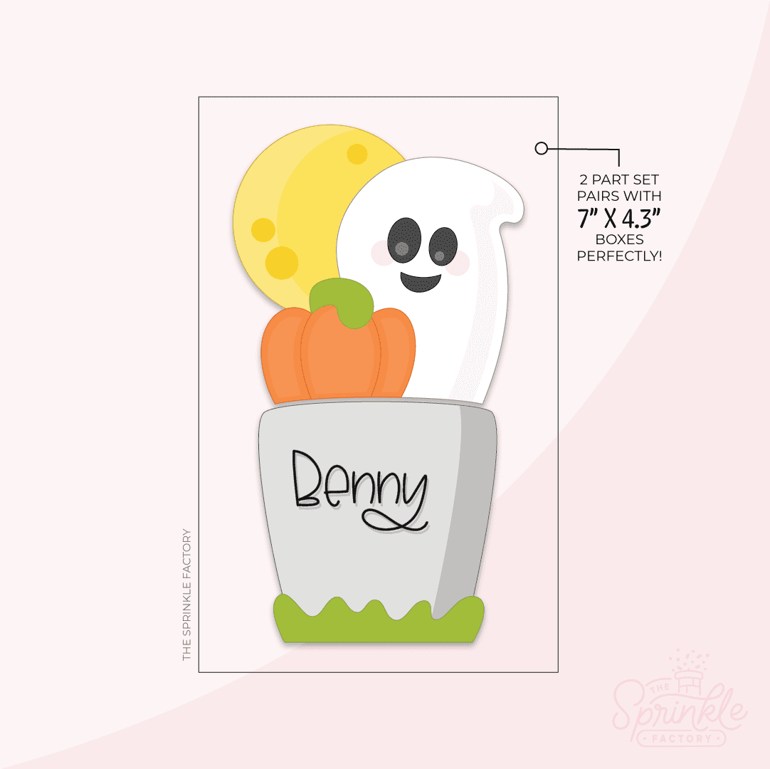 Clipart of a grey gravestone with the name Benny on it in black with green grass below with an orange pumpkin, white ghost and yellow moon on top.