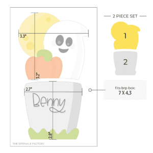 Clipart of a grey gravestone with the name Benny on it in black with green grass below with an orange pumpkin, white ghost and yellow moon on top with size guide.