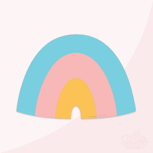 Image of a groovy shaped rainbow with blue on the outside, pink in the middle and yellow in the middle.