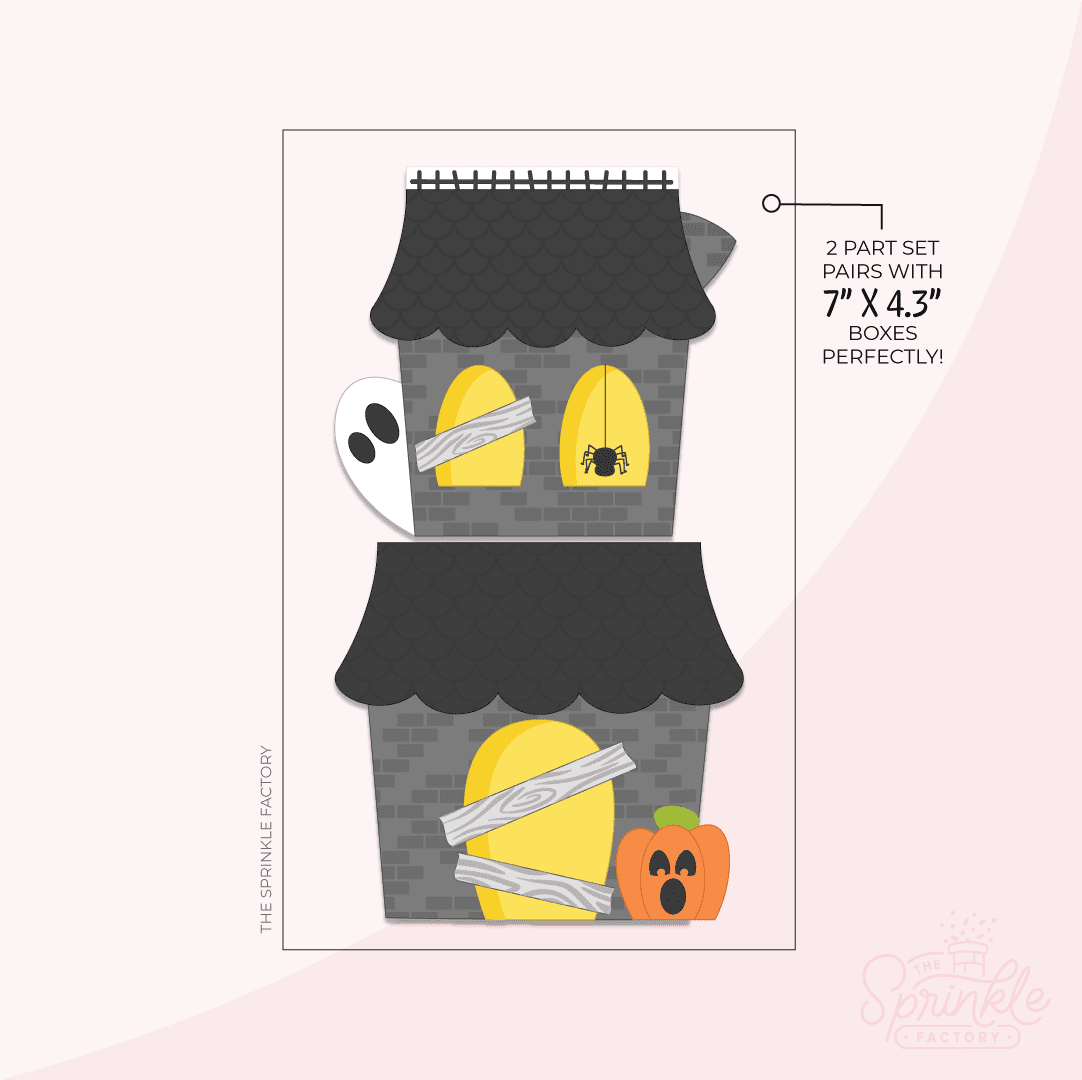 Clipart of a grey brick haunted house with a black roof, yellow windows and a yellow door with a black spider in one of the windows, wooden boards across the other window and door and an orange pumpkin to the right of the door.