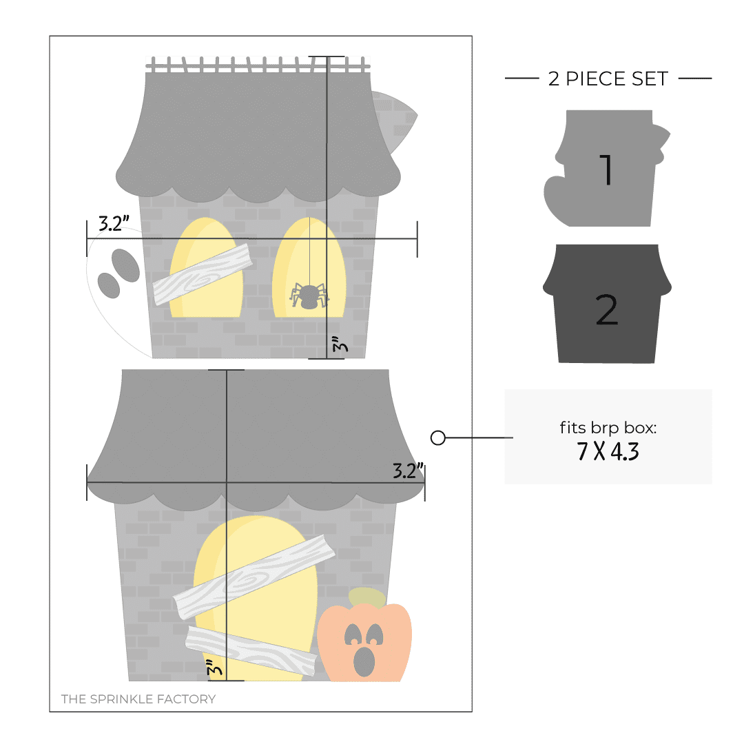 Clipart of a grey brick haunted house with a black roof, yellow windows and a yellow door with a black spider in one of the windows, wooden boards across the other window and door and an orange pumpkin to the right of the door with size guide.