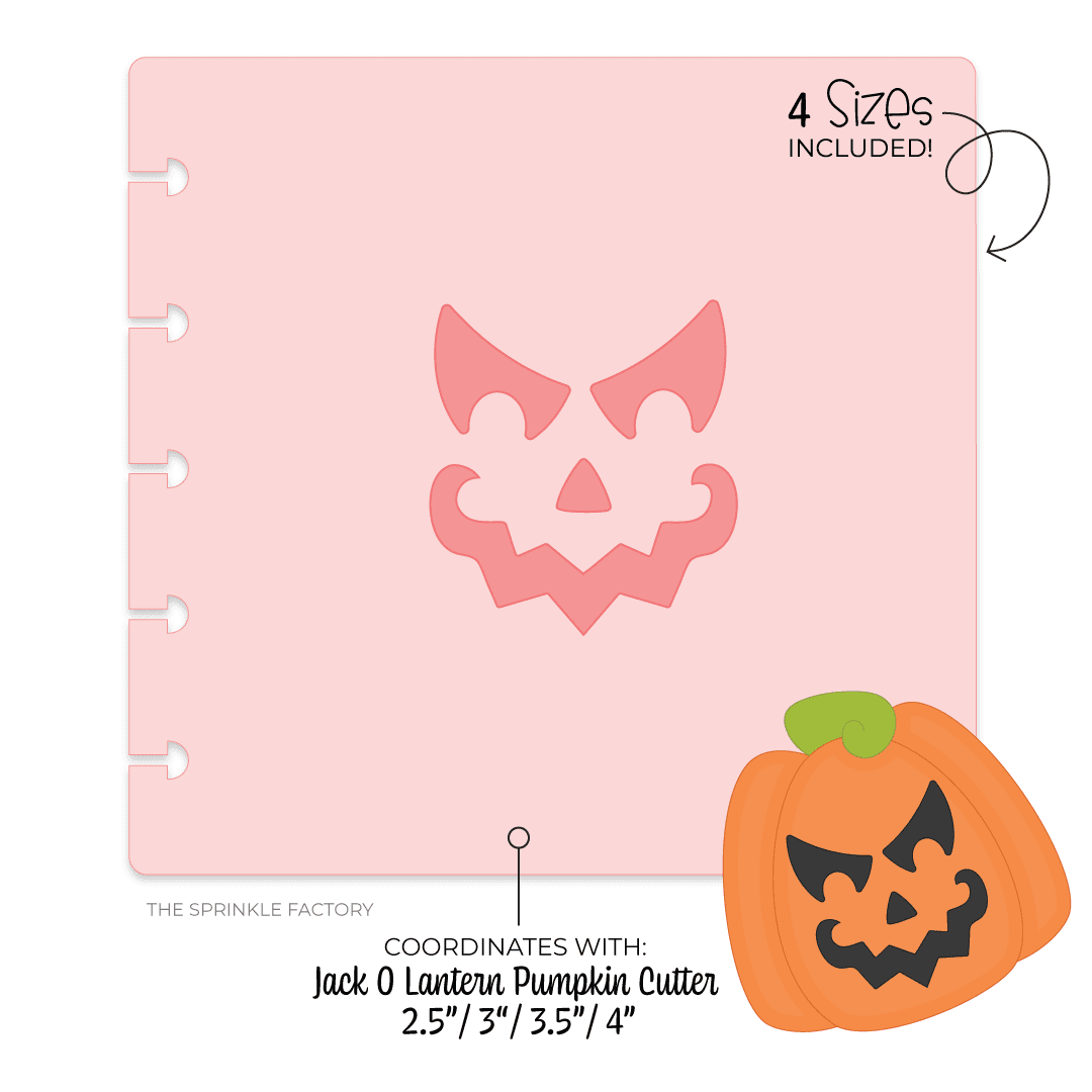 Image of a pink stencil with a darker pink jack o lantern face on it with an orange pumpkin with the same face on the bottom corner.