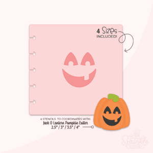 Image of a pink stencil with a darker pink jack o lantern face on it with an orange pumpkin with the same face on the bottom corner.