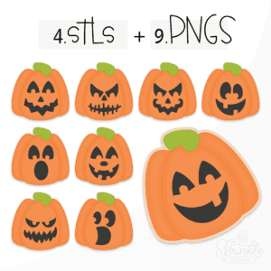 Clipart of 9 orange pumpkins with a green tops and a black faces.