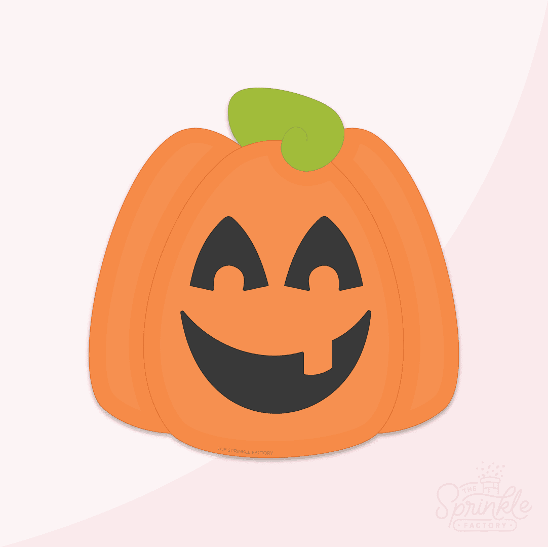 Clipart of an orange pumpkin with a green top and a black face.