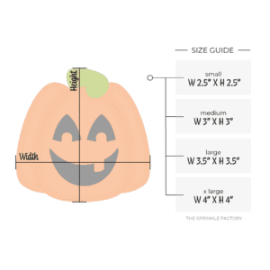 Clipart of an orange pumpkin with a green top and a black face and size guide.