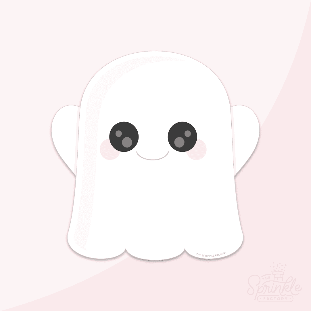 Clipart of a little white ghost with black eyes, a grey smile and pink cheeks.