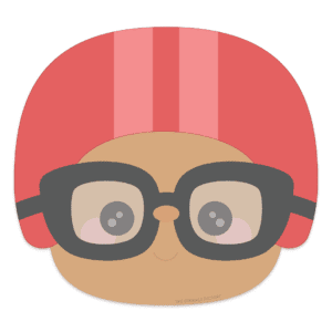 Image of a cartoon face wearing black racing goggles and a red race helmet with lighter red stripes down the middle.