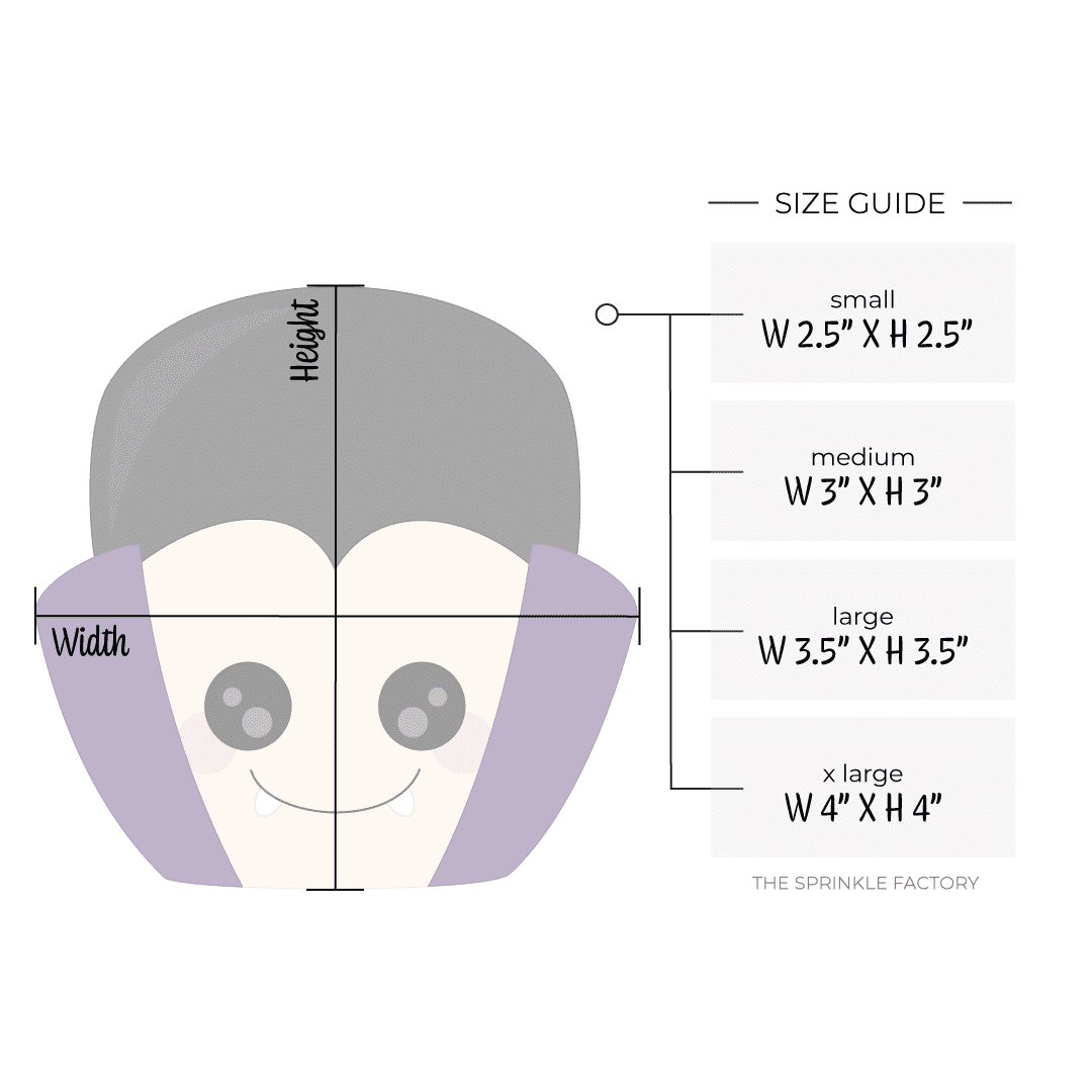 Clipart of a vampire head with very light skin, tall black hair and purple collar up the side of the face with a smile, pink cheeks and 2 white fangs with size guide to the right.