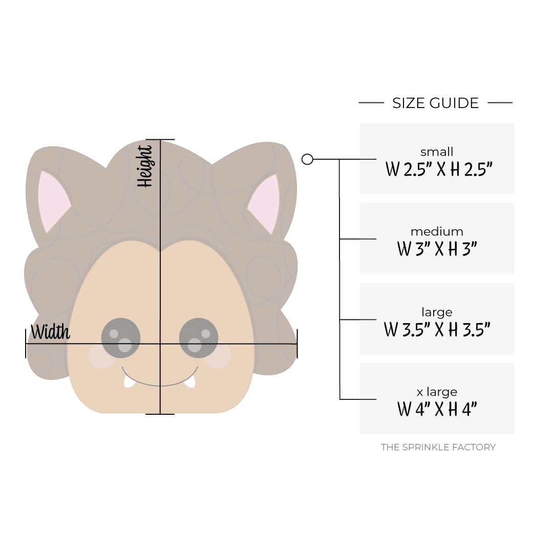 Clipart of a brown werewolf with curly hair a smile and two white teeth with pink cheeks and ears and size guide to the right.