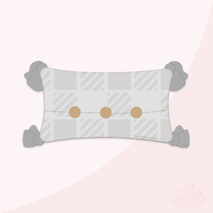 Clipart of a grey throw pillow with a plaid pattern, brown buttons and darker grey tassels on the corners.